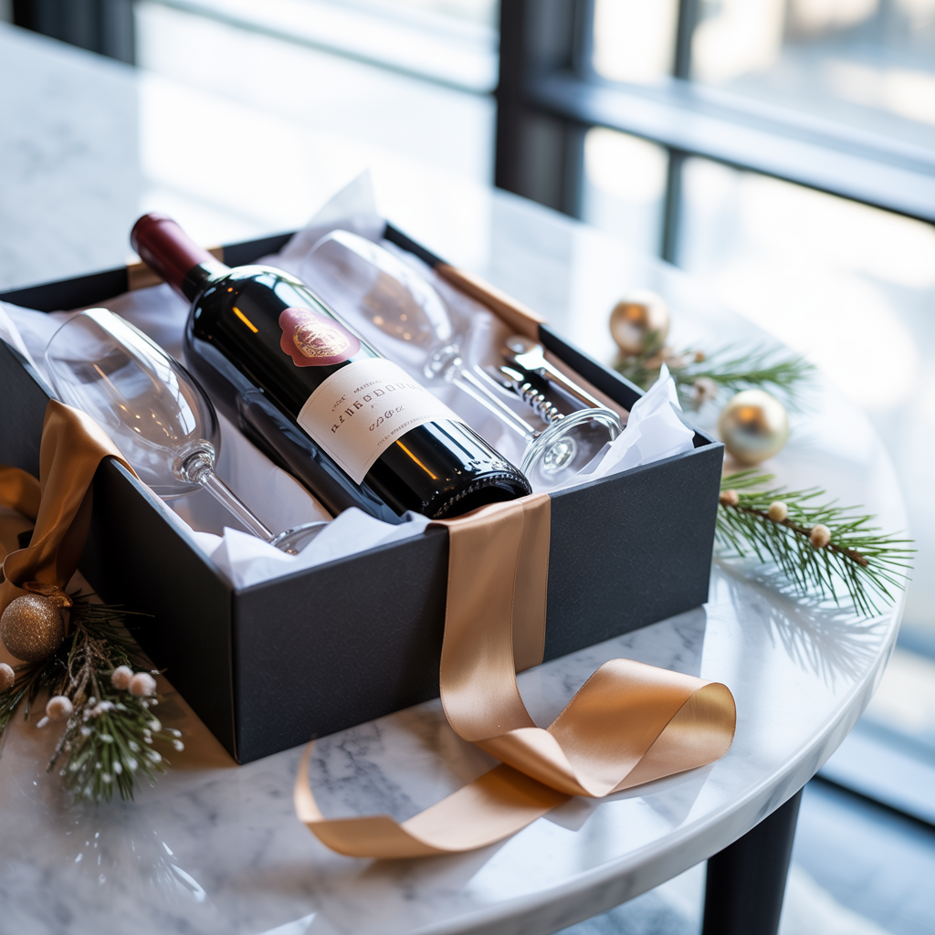 Elegant wine gift set with subtle seasonal packaging on a clean tabletop
