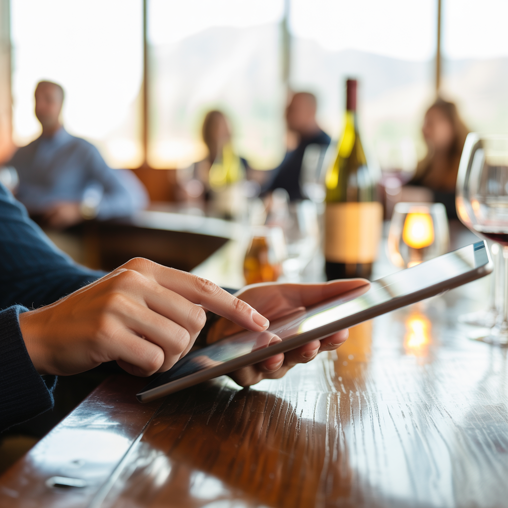 Guest signing up for a wine club on a tablet at the tasting bar