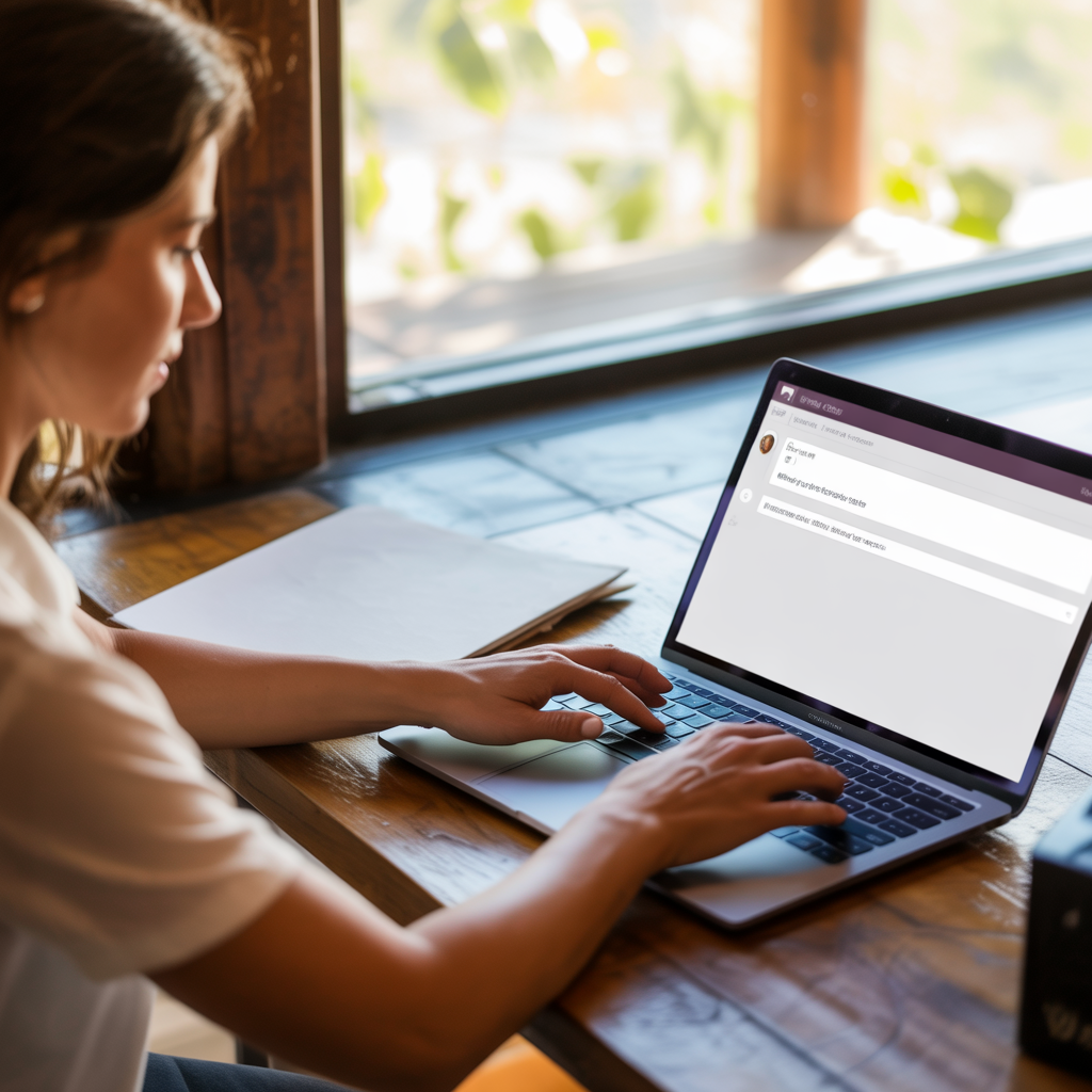 Over the shoulder view of a team member assisting a shopper via website chat, natural light office scene