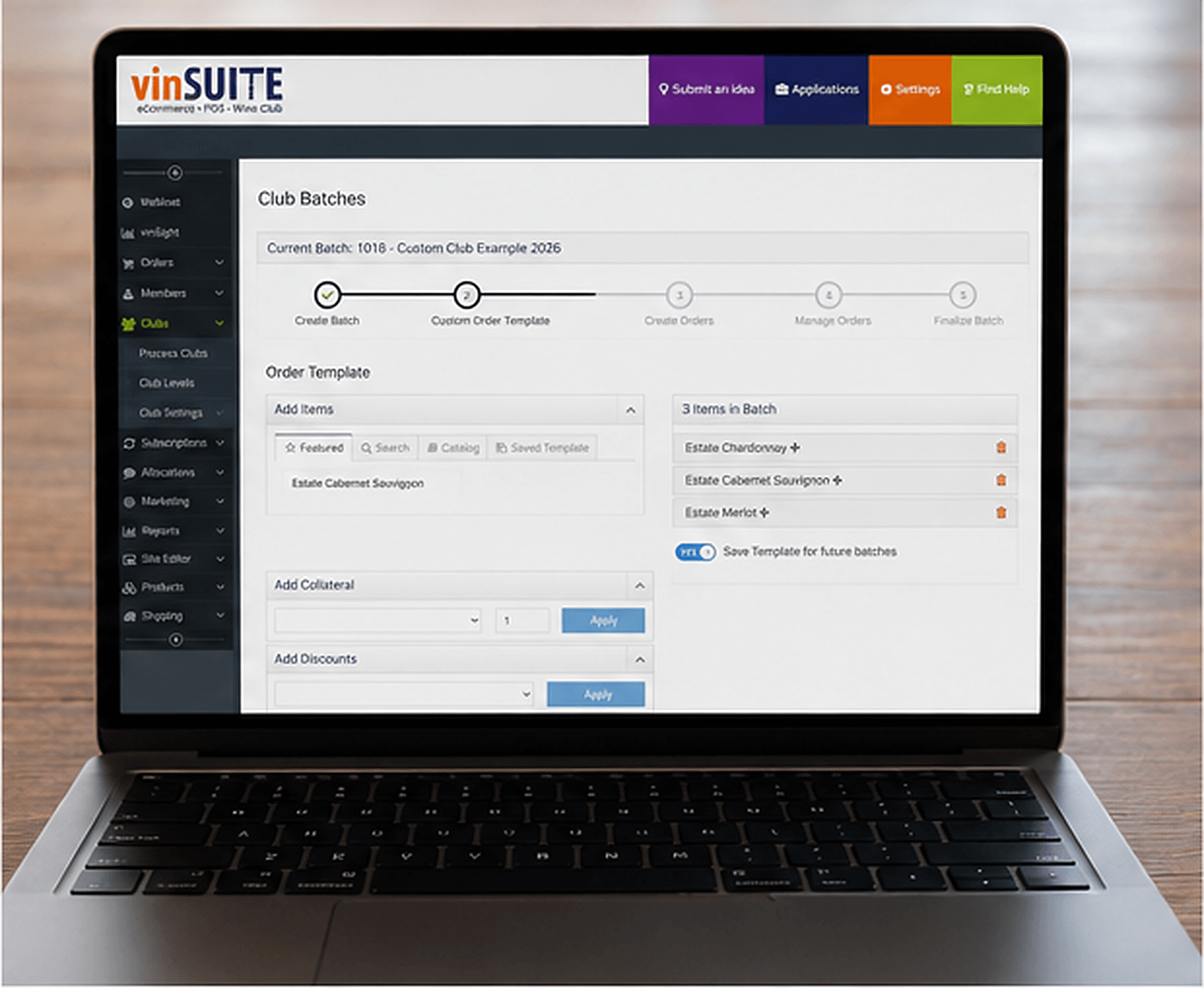 vinSUITE club admin panel on a laptop showing the Club Batches workflow with order template setup for a custom club run