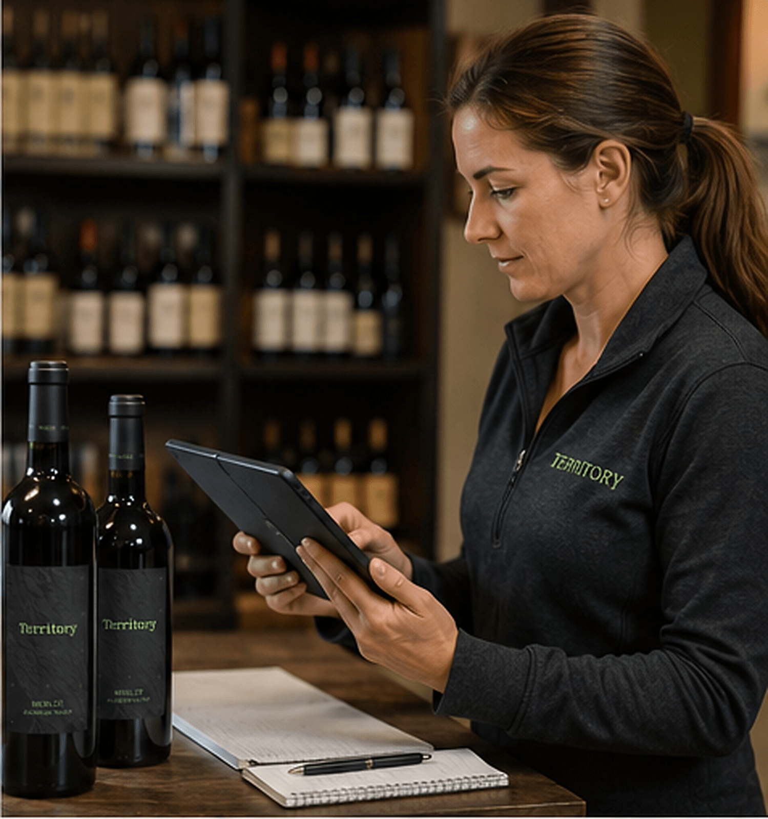 Winery tasting room staff member using a tablet to look up a wine club member and process an order