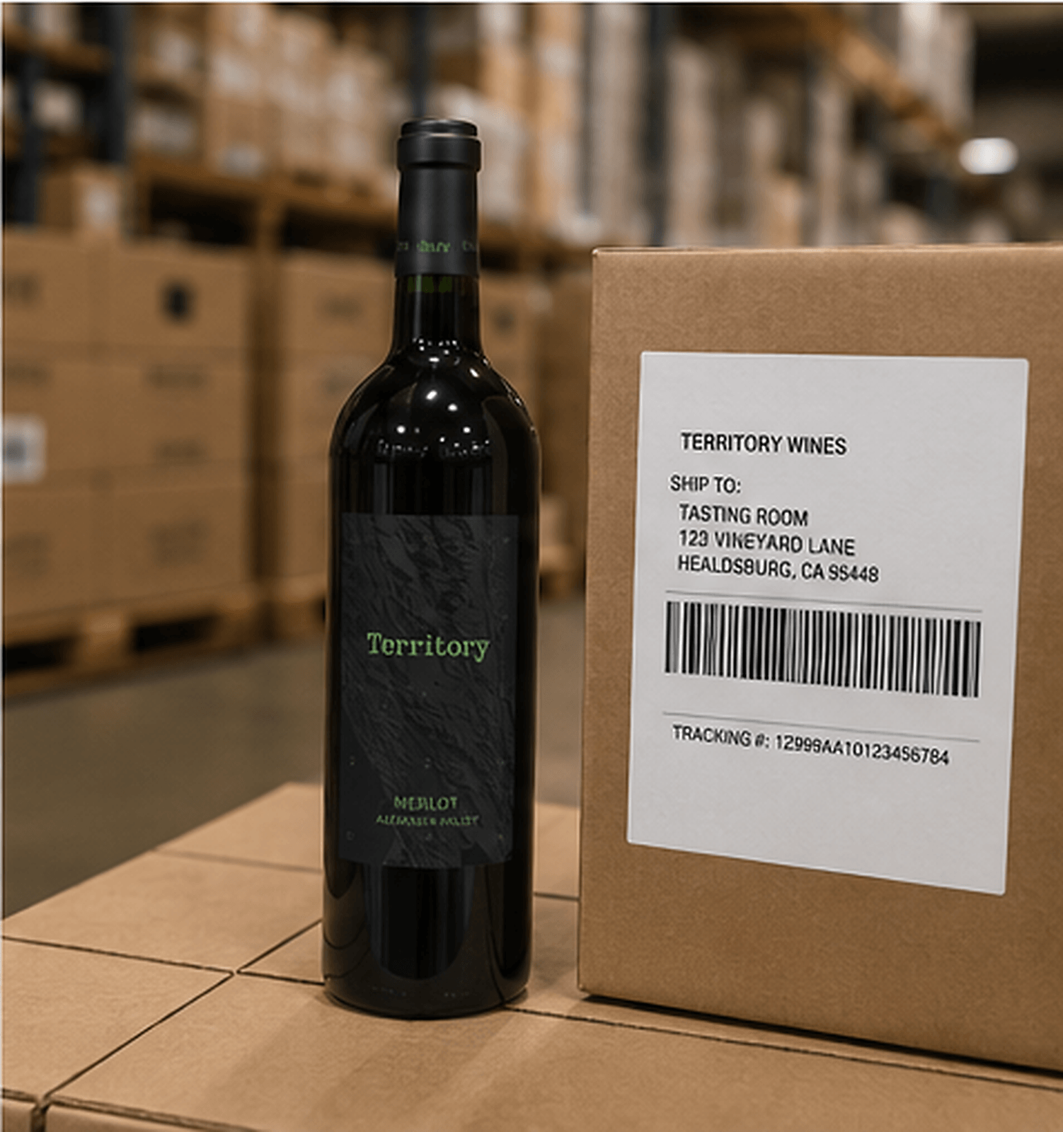 Wine bottle next to a shipping box with a tracking label and barcode ready for direct-to-consumer fulfillment