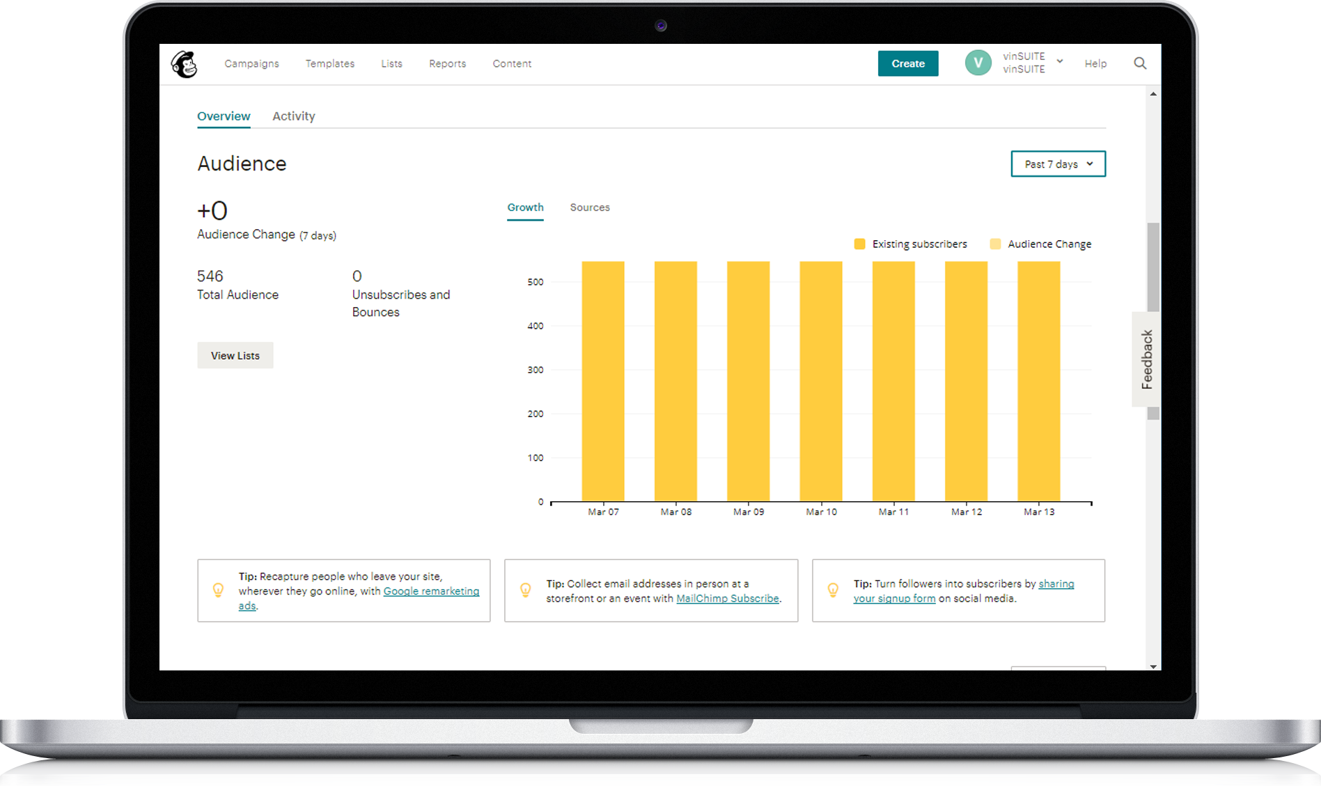 MailChimp dashboard on laptop