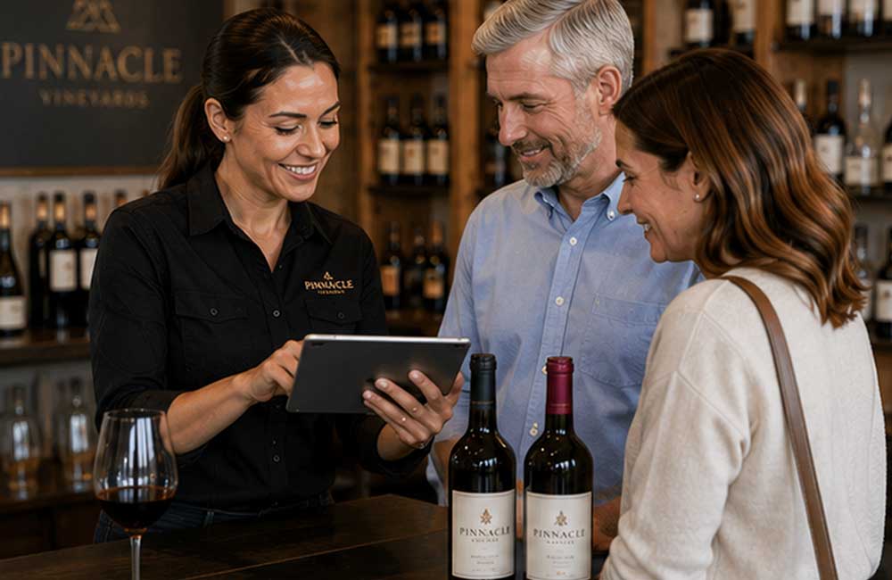 Tasting room staff helping members at counter