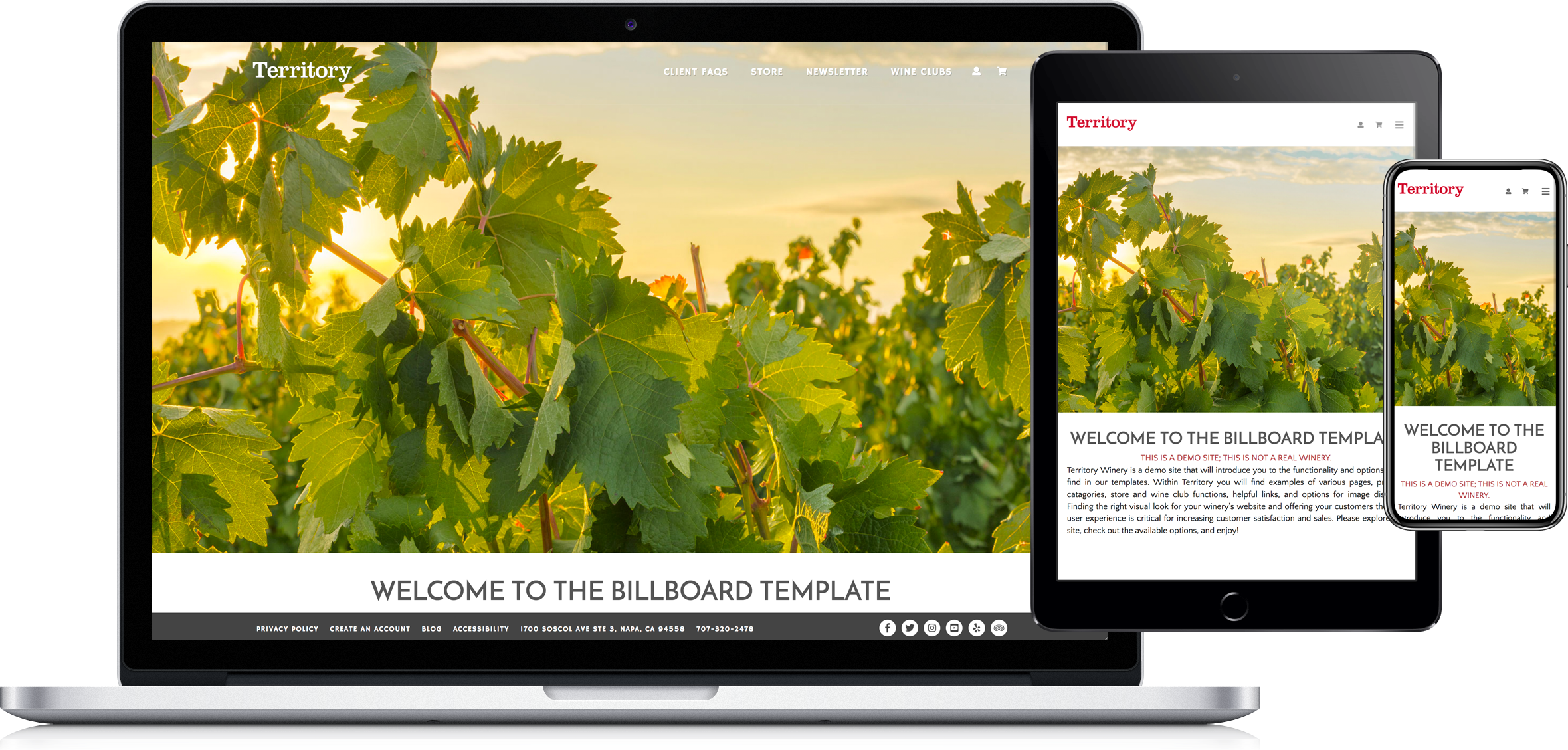 Billboard website template shown on laptop, tablet, and phone