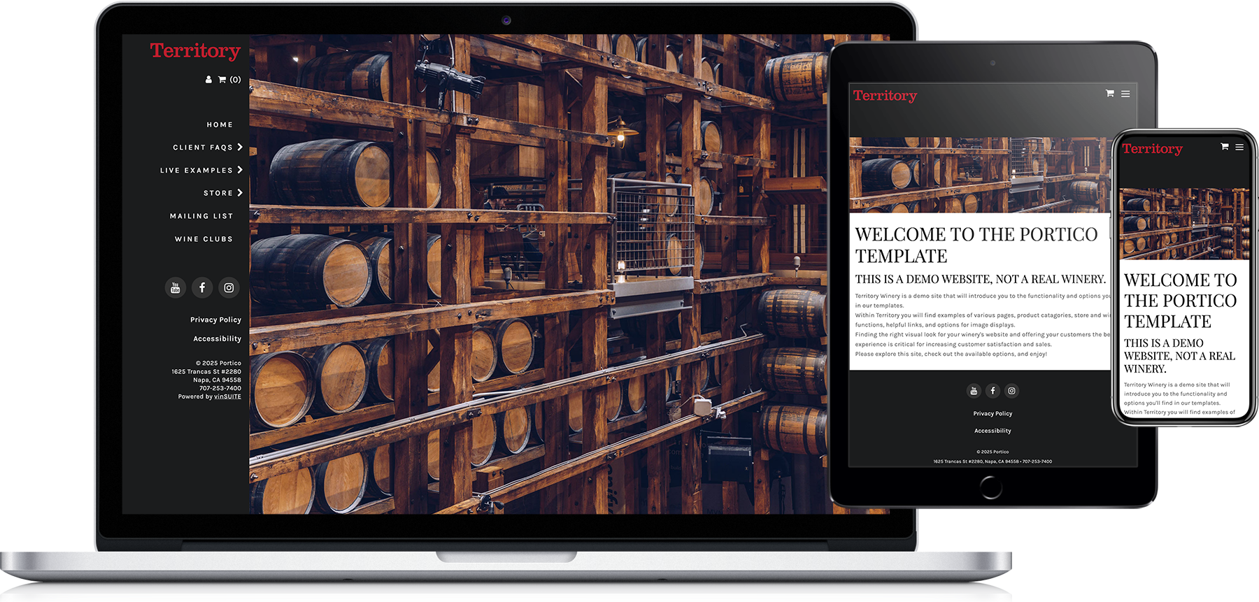 Portico website template on laptop, tablet and phone